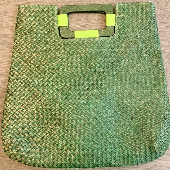 Vintage Rosella Carrara Green Straw Tote Wood Handle Large Unused Perfect Condit - Picture 1 of 14